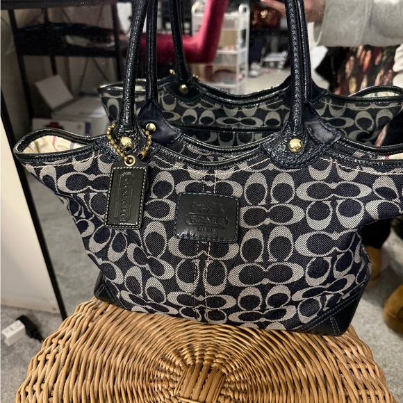 Coach Bleecker Signature Canvas Jacquard Tote Bag Navy Leather Trim Vintage Y2K - Picture 2 of 15